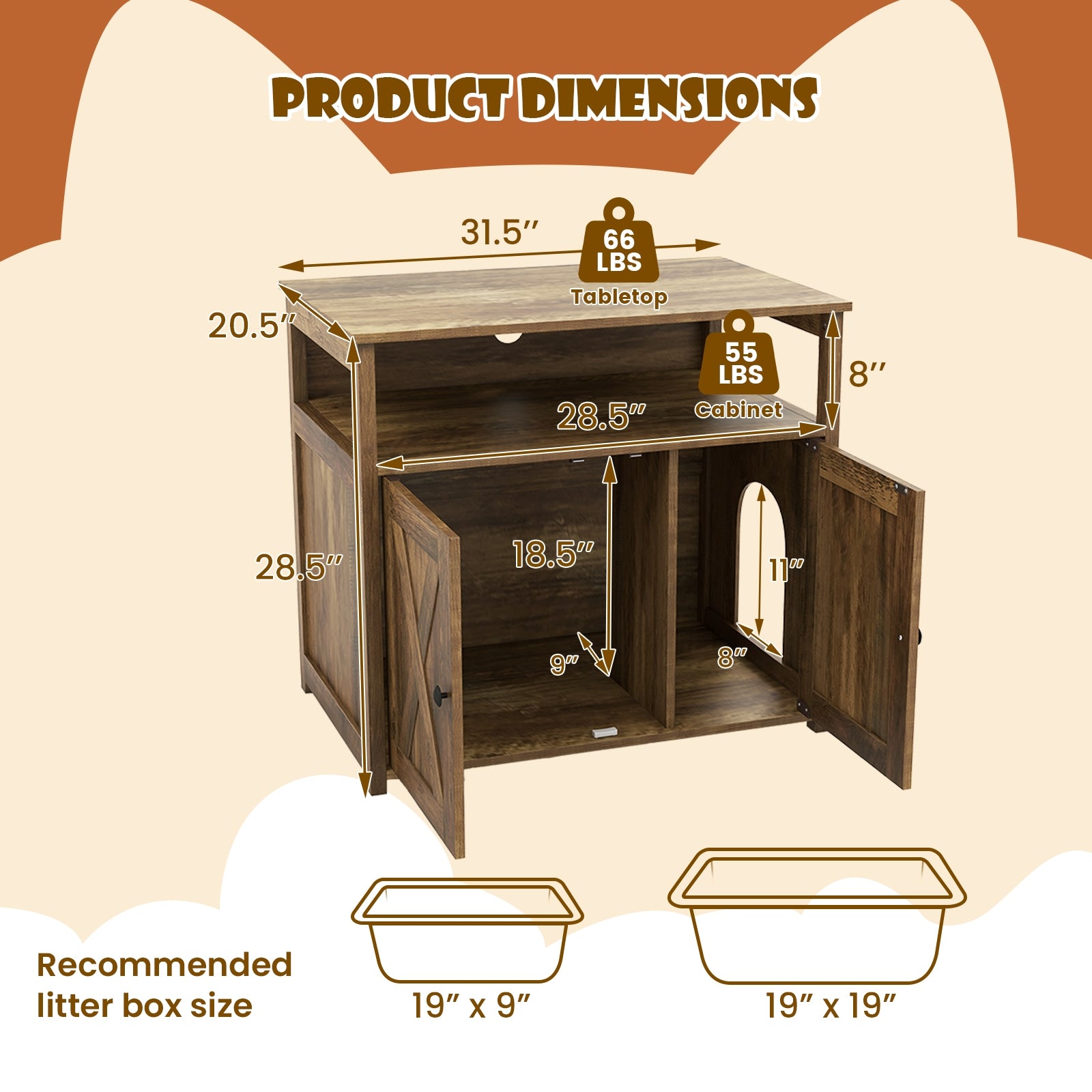 Cat Litter Box Enclosure with Double Barn Doors Divider Side Entry and Storage Shelf, Oak Cat Houses at Gallery Canada