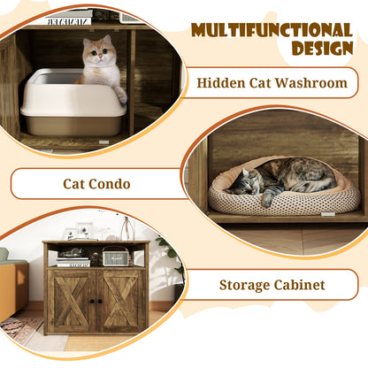 Cat Litter Box Enclosure with Double Barn Doors Divider Side Entry and Storage Shelf, Oak Cat Houses at Gallery Canada