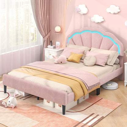 Upholstered LED Bed Frame with Adjustable Flower Headboard and Metal Support Feet Pink-Queen Size Beds & Bed Frames at Gallery Canada