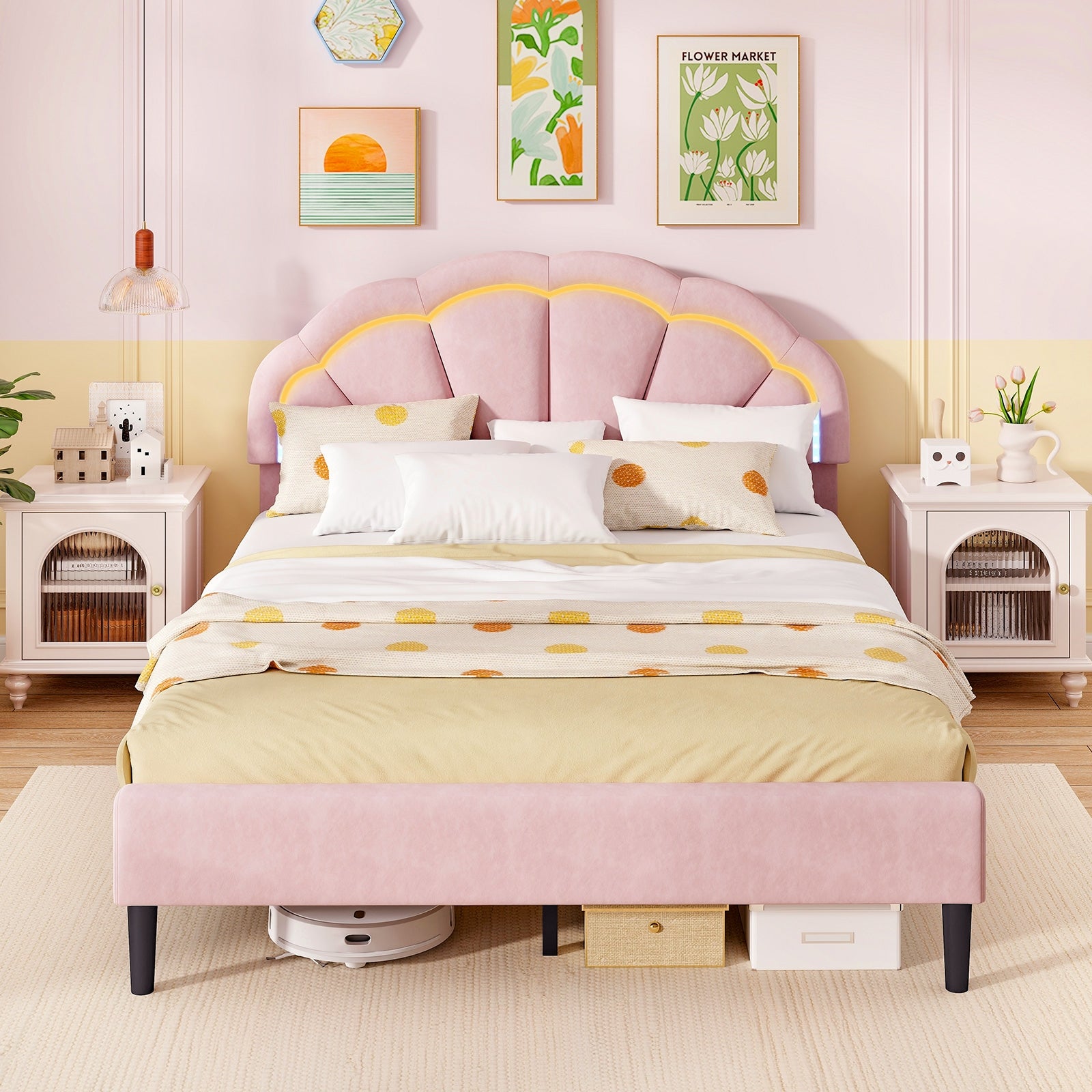Upholstered LED Bed Frame with Adjustable Flower Headboard and Metal Support Feet Pink-Queen Size Beds & Bed Frames at Gallery Canada