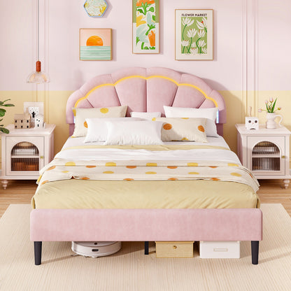 Upholstered LED Bed Frame with Adjustable Flower Headboard and Metal Support Feet Pink-Queen Size Beds & Bed Frames at Gallery Canada