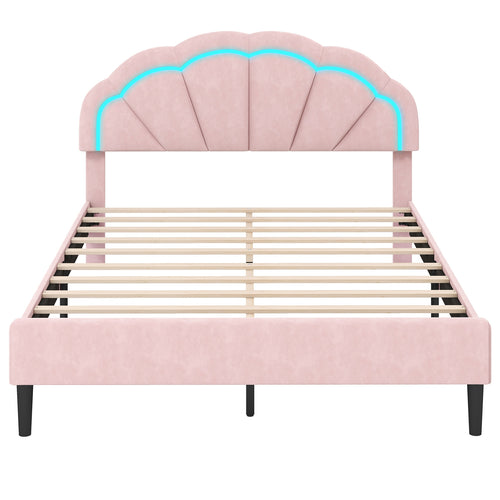 LED Bed Frame, Adjustable Headboard, Metal Feet, Queen Size, Pink