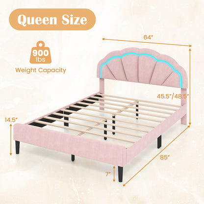 Upholstered LED Bed Frame with Adjustable Flower Headboard and Metal Support Feet Pink-Queen Size Beds & Bed Frames at Gallery Canada