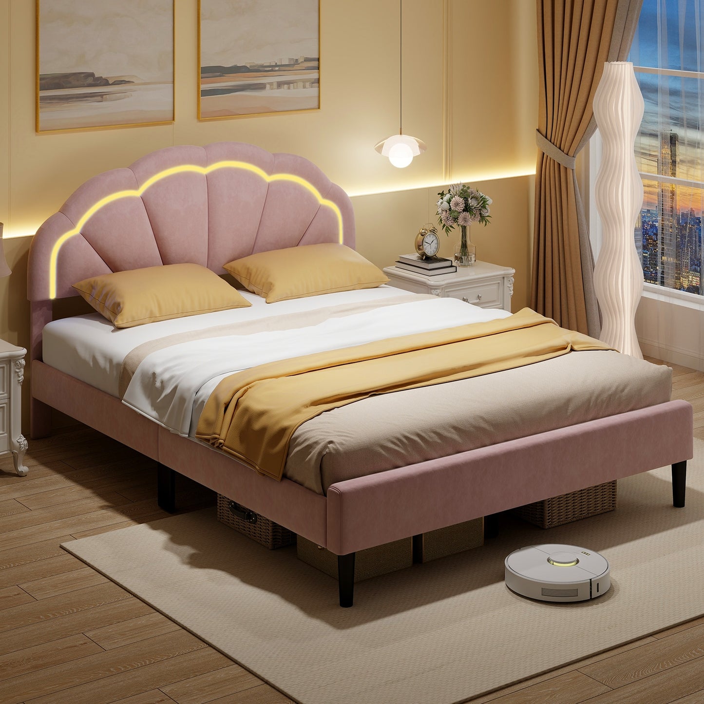 Upholstered LED Bed Frame with Adjustable Flower Headboard and Metal Support Feet Pink-Queen Size Beds & Bed Frames at Gallery Canada