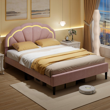 Upholstered LED Bed Frame with Adjustable Flower Headboard and Metal Support Feet Pink-Queen Size Beds & Bed Frames at Gallery Canada