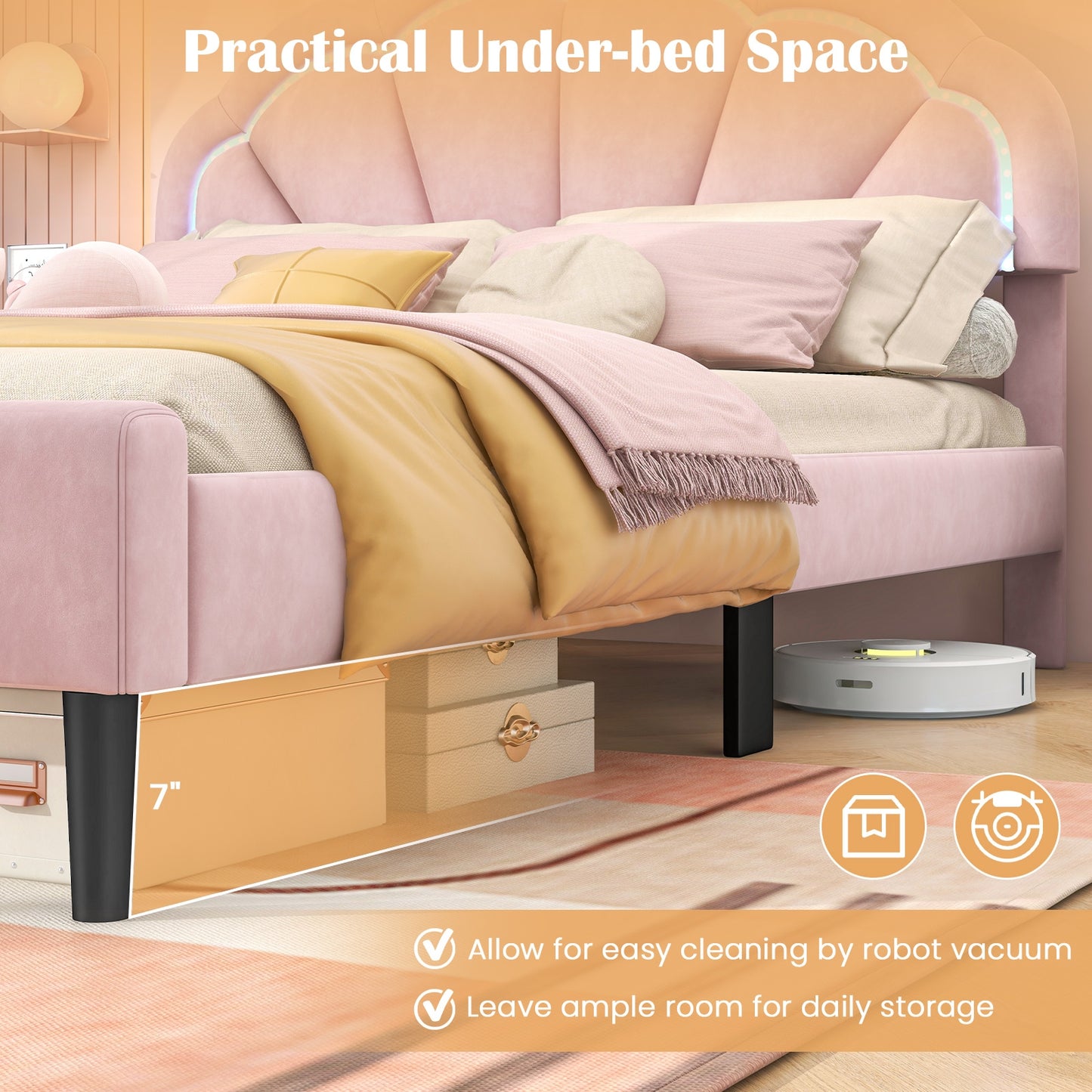 Upholstered LED Bed Frame with Adjustable Flower Headboard and Metal Support Feet Pink-Queen Size Beds & Bed Frames at Gallery Canada