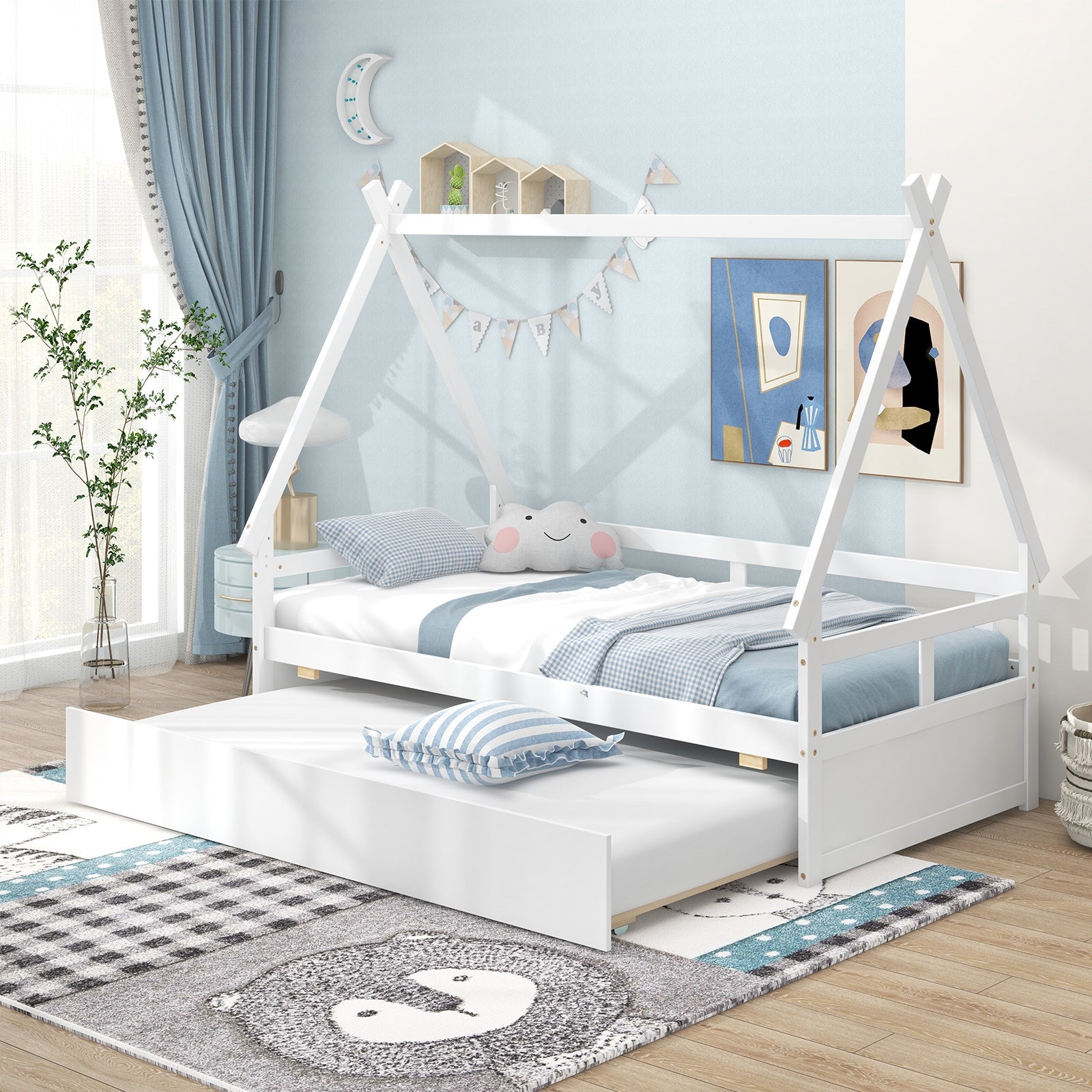 Twin Size House Bed with Trundle and Safety Guardrail, White Trundle Bed Frame at Gallery Canada