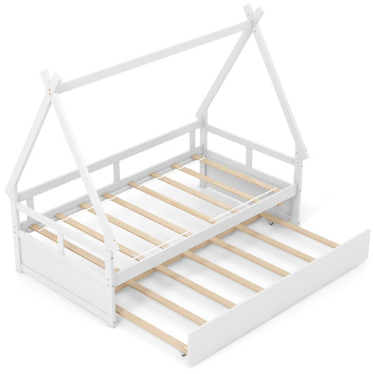 Twin Size House Bed With Trundle, Safety Guardrail, White Trundle Bed Frame White at Gallery Canada
