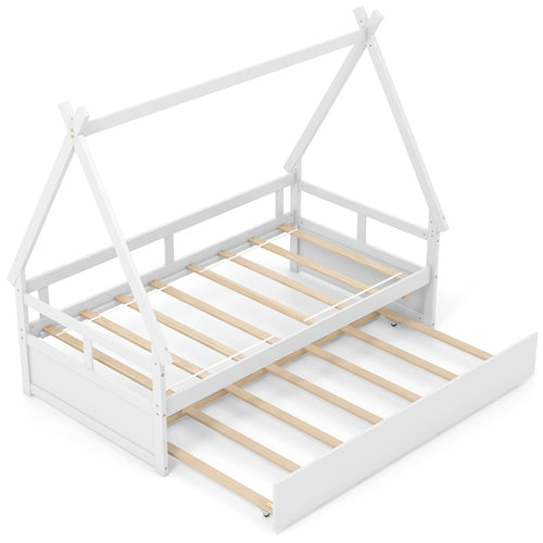 Twin Size House Bed With Trundle, Safety Guardrail, White