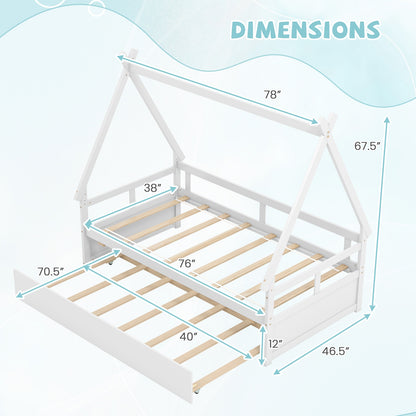 Twin Size House Bed with Trundle and Safety Guardrail, White Trundle Bed Frame at Gallery Canada