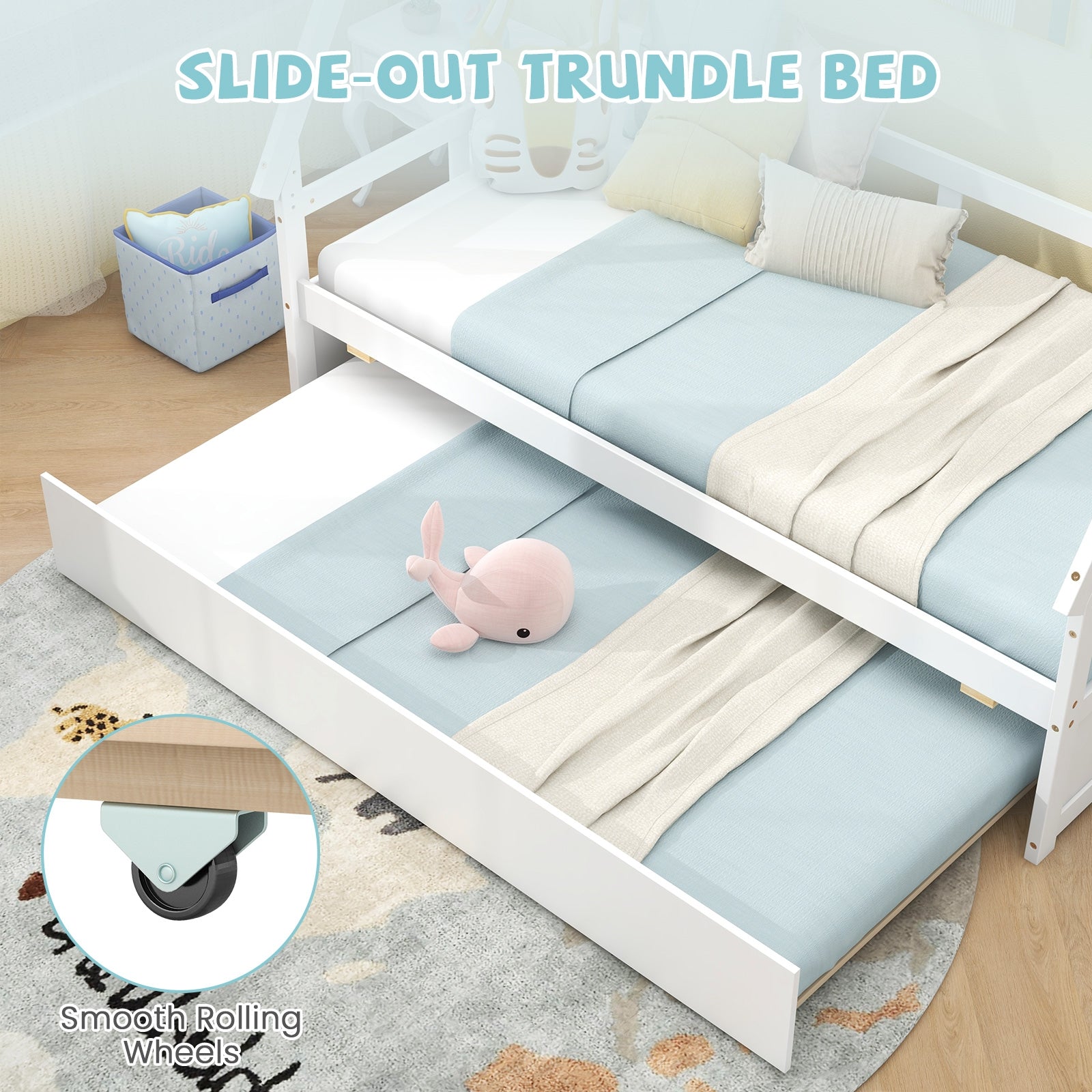 Twin Size House Bed with Trundle and Safety Guardrail, White Trundle Bed Frame at Gallery Canada
