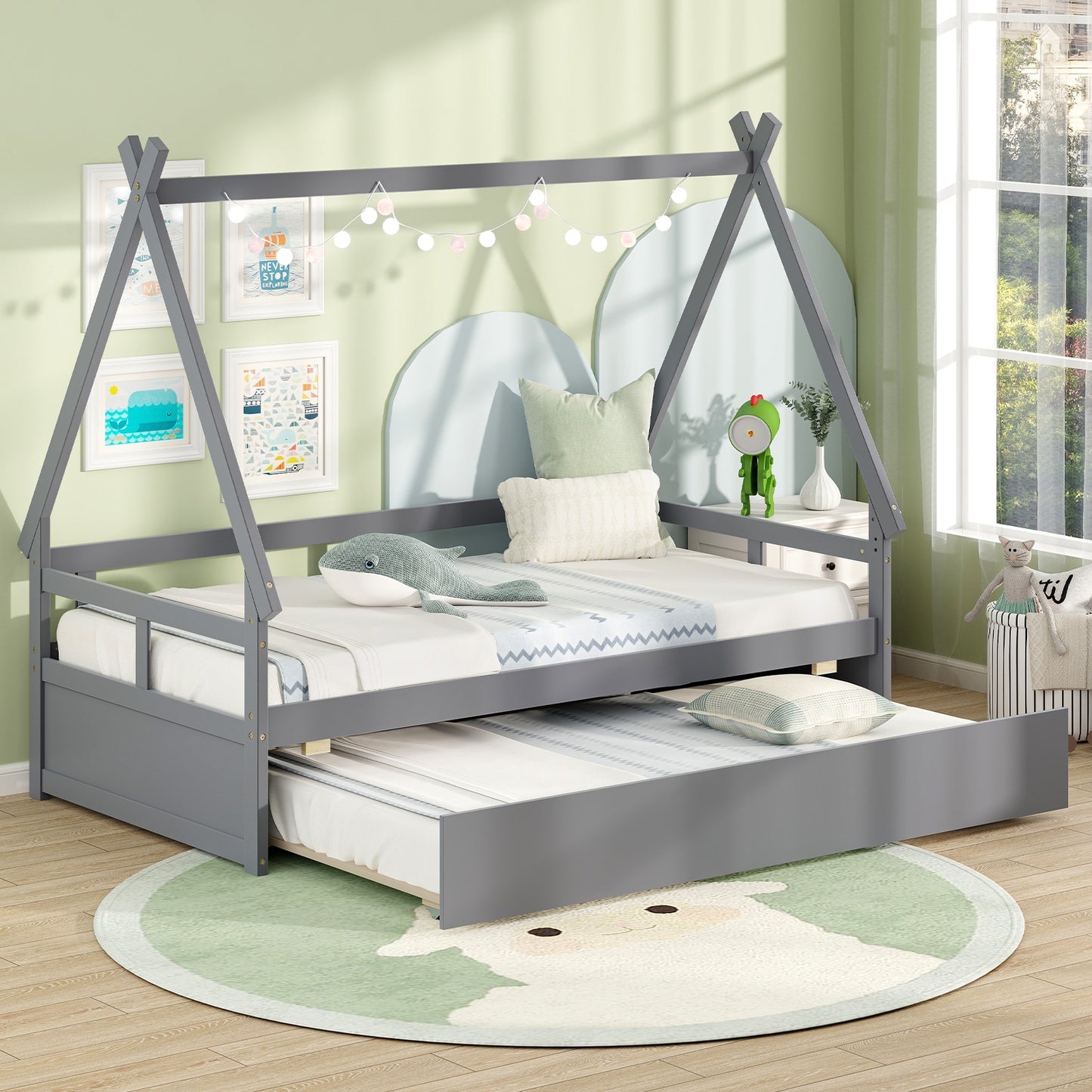 Twin Size House Bed with Trundle and Safety Guardrail, Gray Trundle Bed Frame at Gallery Canada
