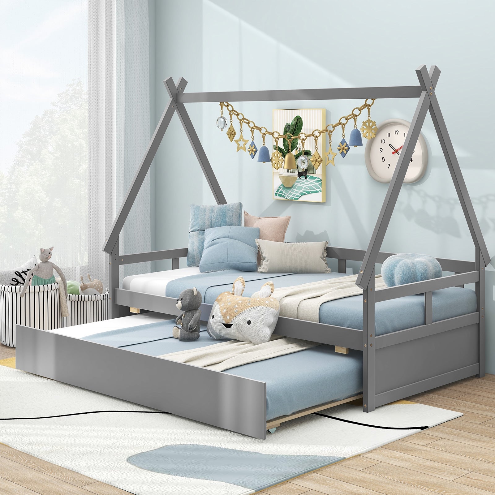 Twin Size House Bed with Trundle and Safety Guardrail, Gray Trundle Bed Frame at Gallery Canada