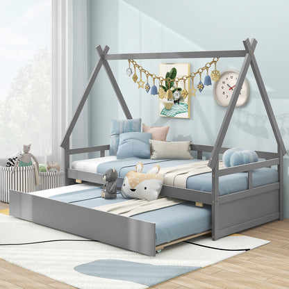 Twin Size House Bed with Trundle and Safety Guardrail, Gray Trundle Bed Frame at Gallery Canada