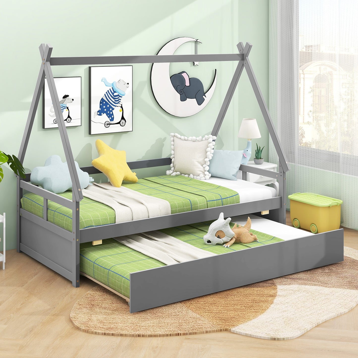 Twin Size House Bed with Trundle and Safety Guardrail, Gray Trundle Bed Frame at Gallery Canada
