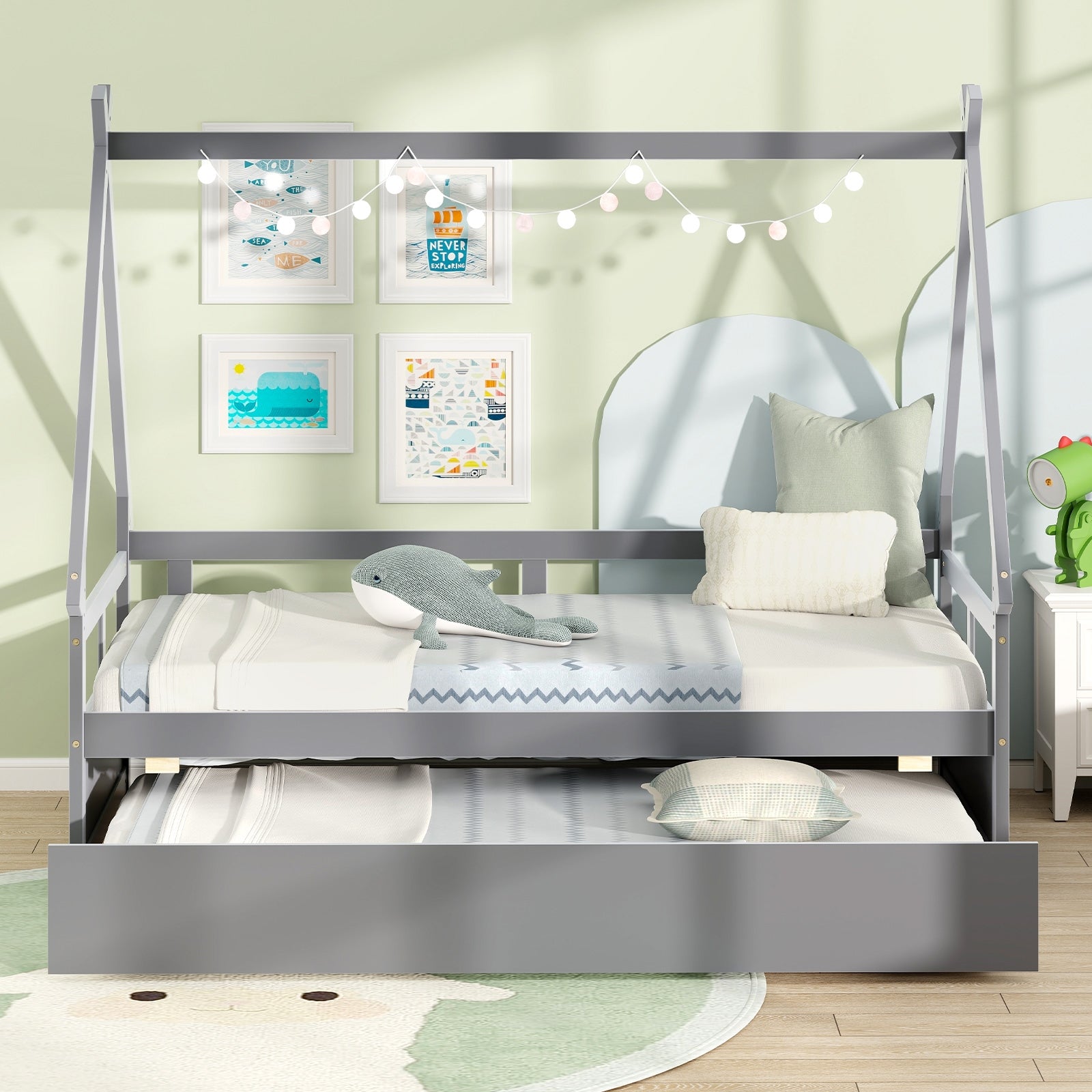 Twin Size House Bed with Trundle and Safety Guardrail, Gray Trundle Bed Frame at Gallery Canada