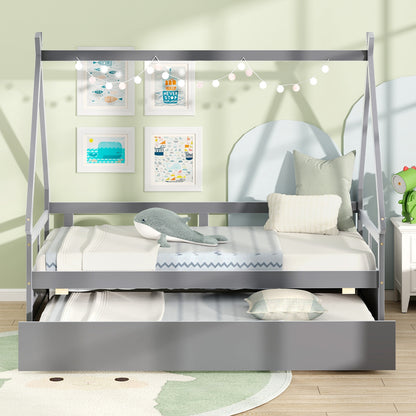 Twin Size House Bed with Trundle and Safety Guardrail, Gray Trundle Bed Frame at Gallery Canada