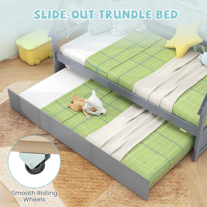 Twin Size House Bed with Trundle and Safety Guardrail, Gray Trundle Bed Frame at Gallery Canada