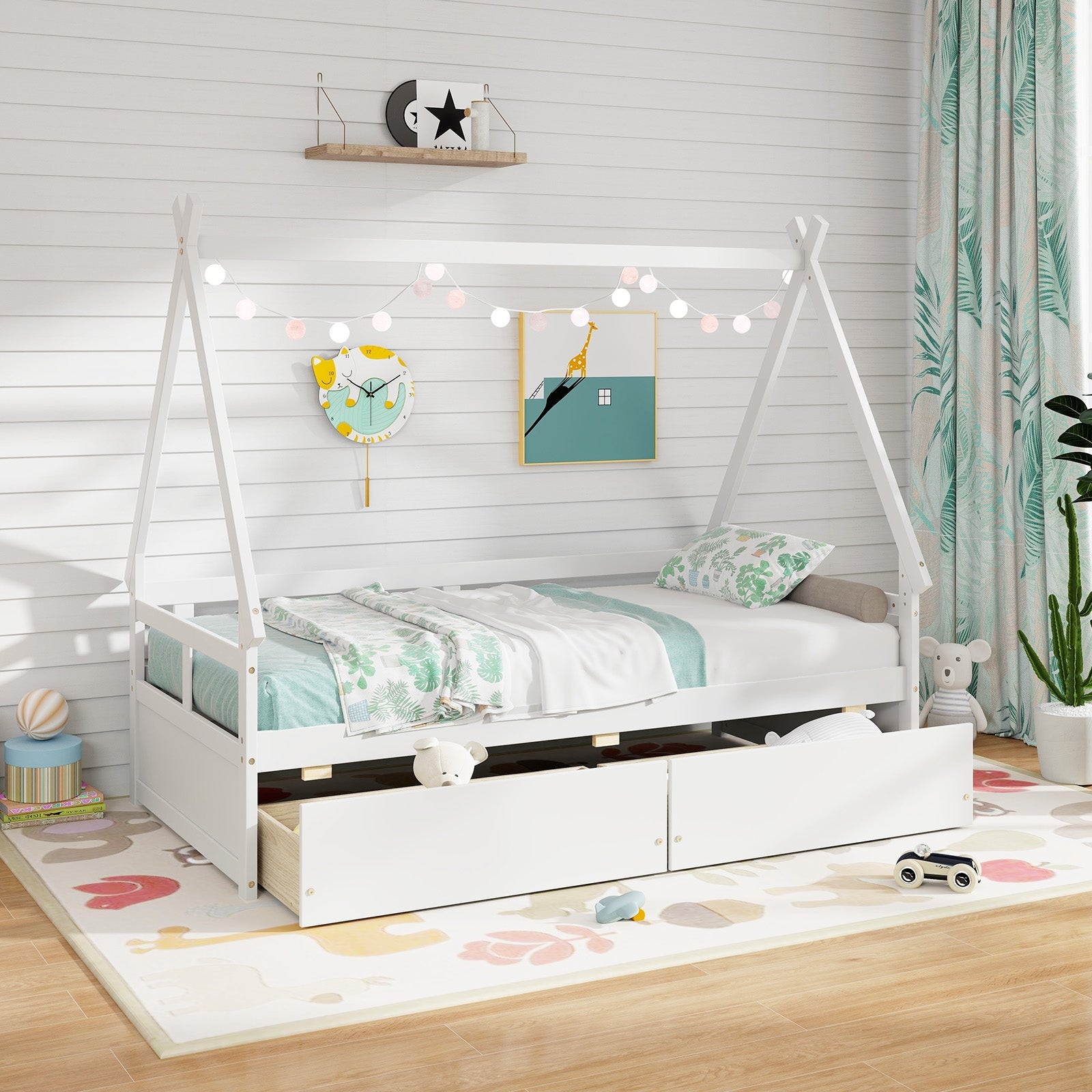 Twin Size House Bed with Roof and Safety Guardrail, White Toddler Beds at Gallery Canada