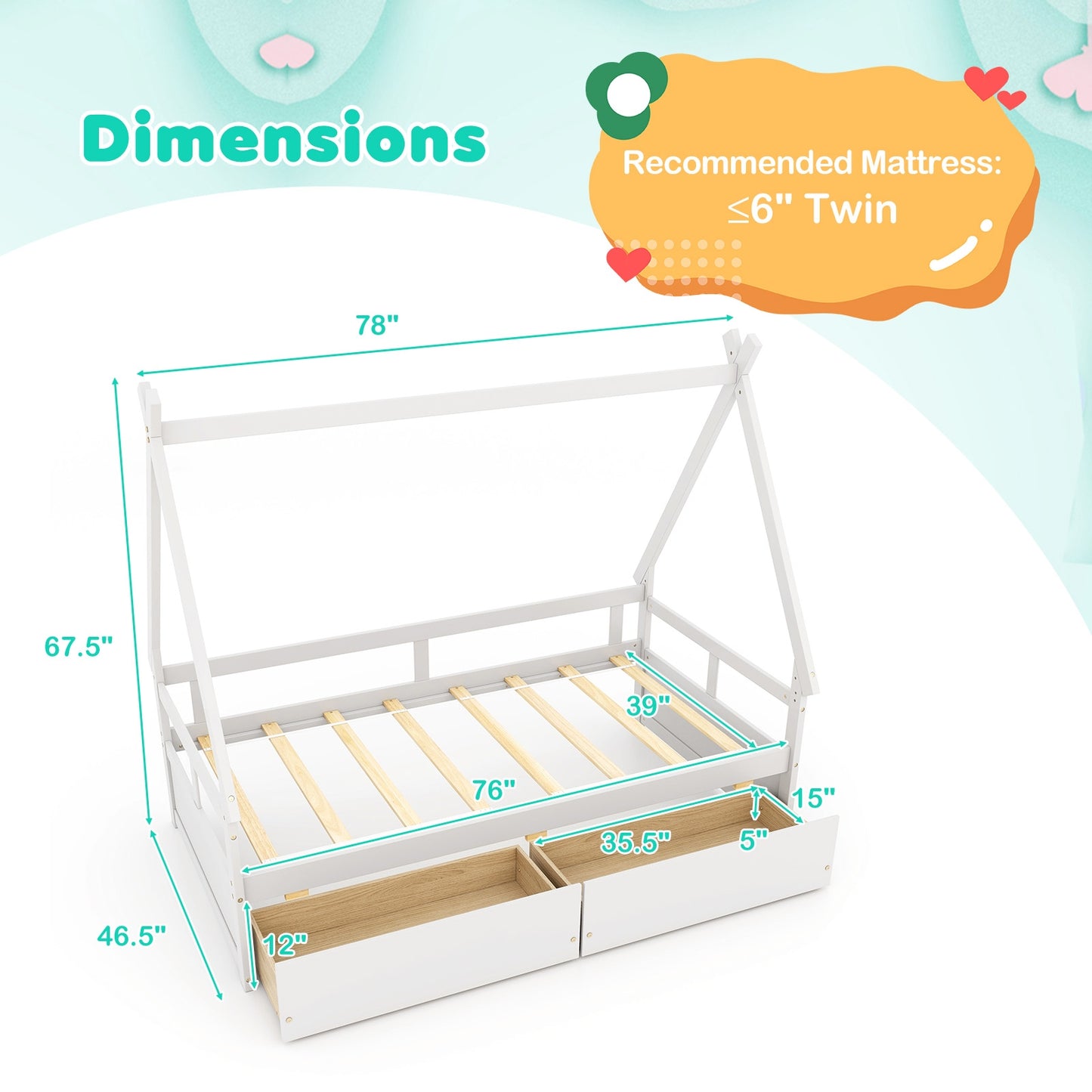 Twin Size House Bed with Roof and Safety Guardrail, White Toddler Beds at Gallery Canada