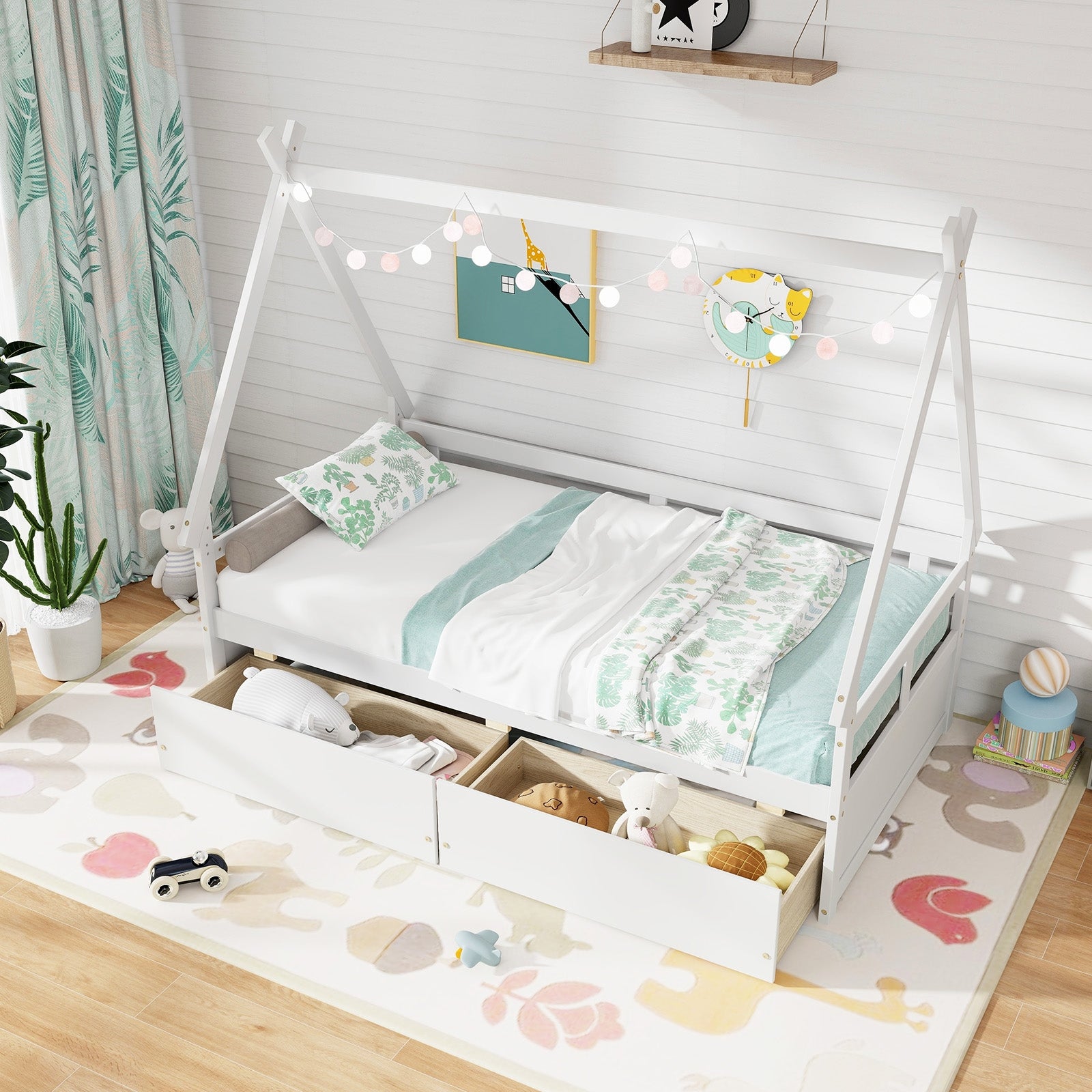 Twin Size House Bed with Roof and Safety Guardrail, White Toddler Beds at Gallery Canada