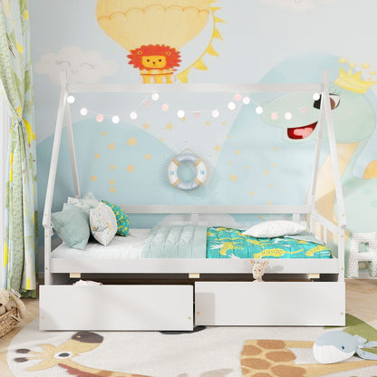 Twin Size House Bed with Roof and Safety Guardrail, White Toddler Beds at Gallery Canada