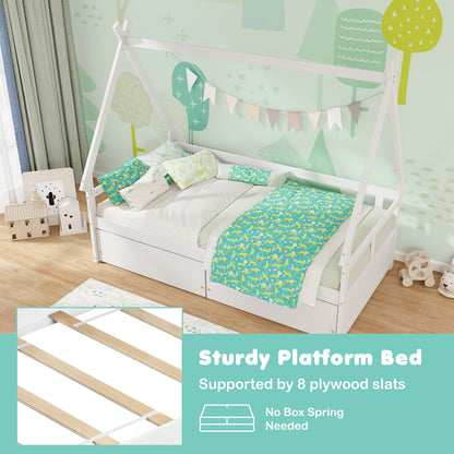 Twin Size House Bed with Roof and Safety Guardrail, White Toddler Beds at Gallery Canada