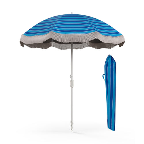 6.5 FT Beach Umbrella With Fringe, Push Button Tilt, Navy