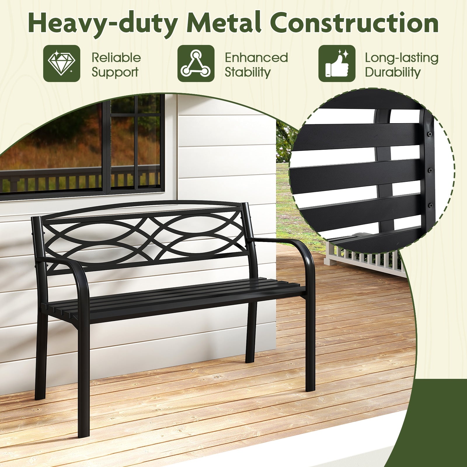 Garden Bench with Curved Armrests and Backrest, Black Outdoor Benches at Gallery Canada