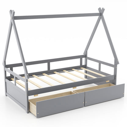 Twin Size House Bed With Roof, Safety Guardrail, Gray Toddler Beds Gray at Gallery Canada