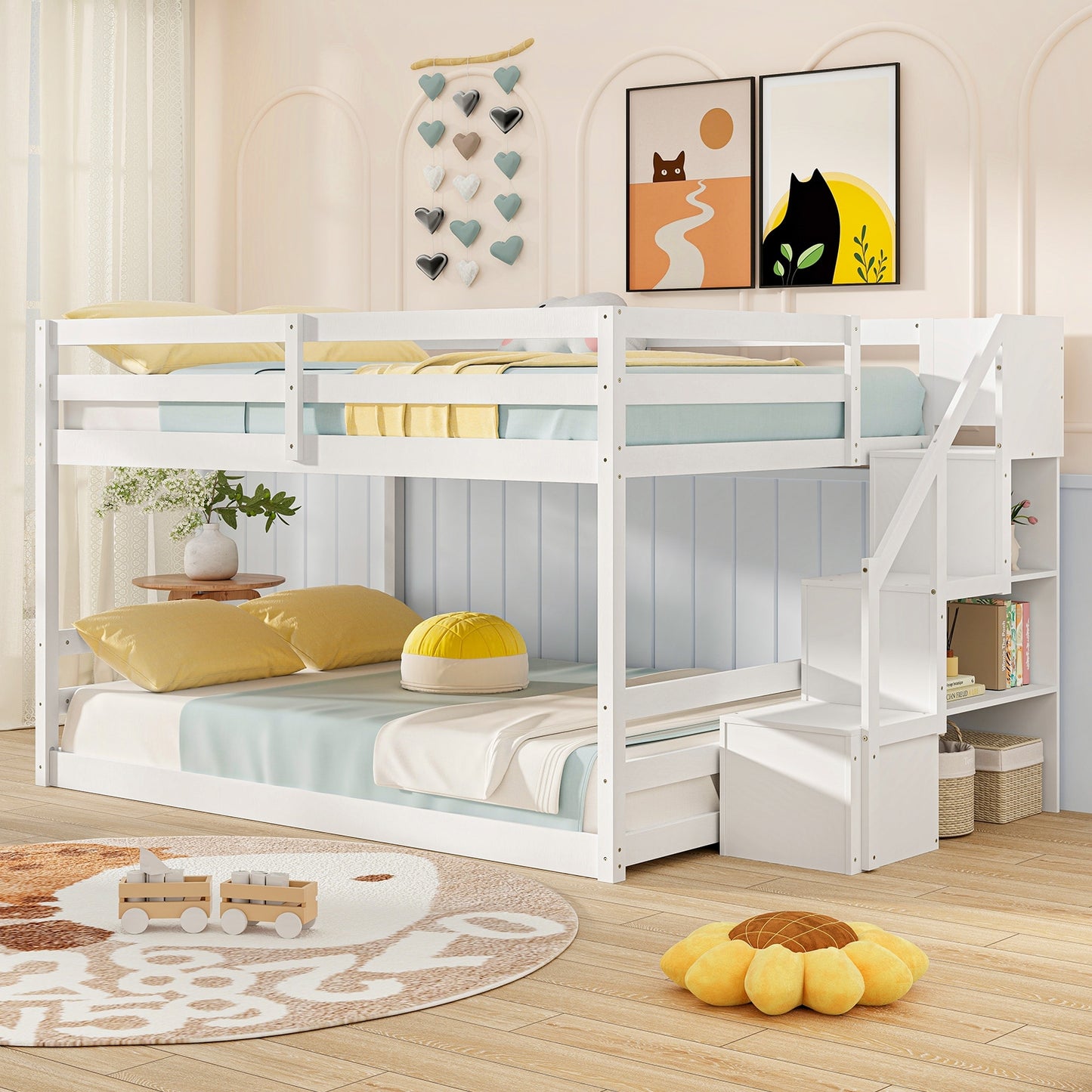 Solid Wood Full Over Full Low Bunk Bed with Storage Stairs, White Bunk Bed Frame at Gallery Canada