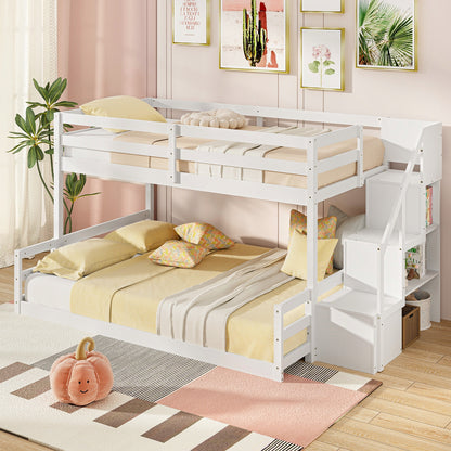 Solid Wood Twin Over Full Low Bunk Bed with Storage Stairs, White Bunk Bed Frame at Gallery Canada