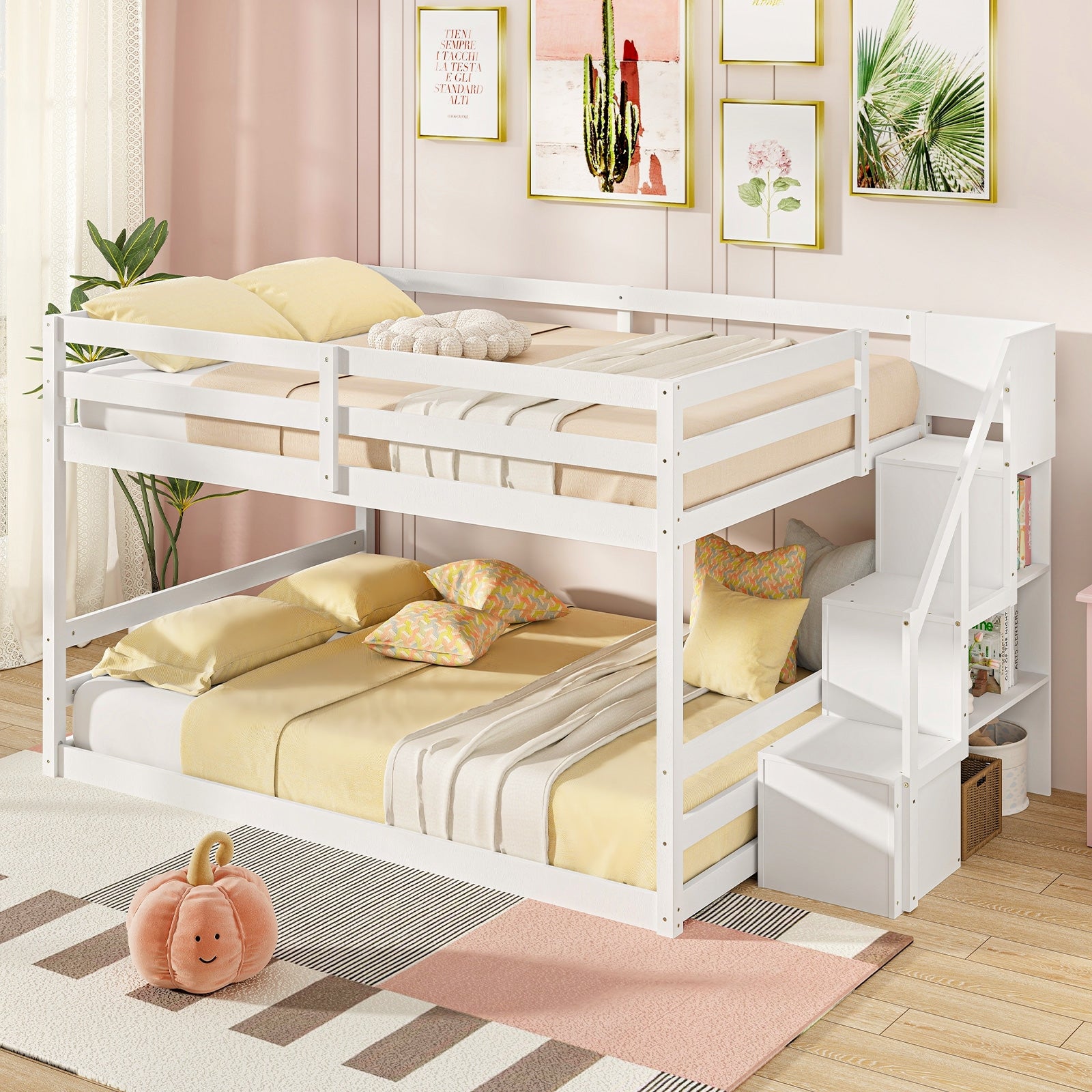 Solid Wood Full Over Full Low Bunk Bed with Storage Stairs, White Bunk Bed Frame at Gallery Canada