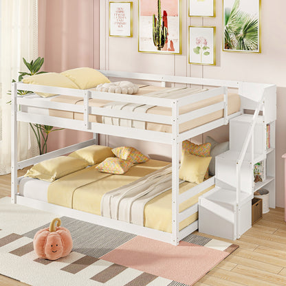 Solid Wood Full Over Full Low Bunk Bed with Storage Stairs, White Bunk Bed Frame at Gallery Canada