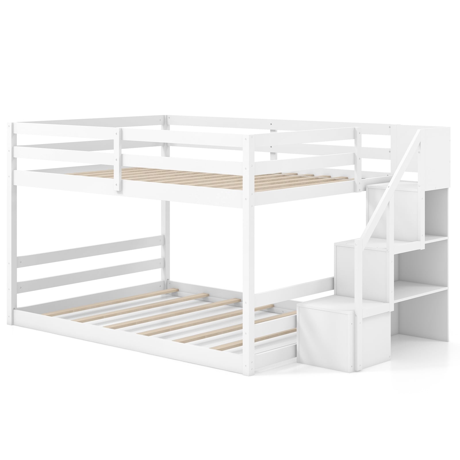 Solid Wood Full Over Full Low Bunk Bed, Storage Stairs, White Bunk Bed Frame at Gallery Canada