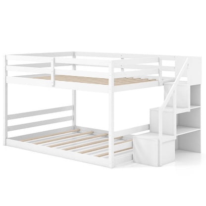 Solid Wood Full Over Full Low Bunk Bed, Storage Stairs, White Bunk Bed Frame at Gallery Canada