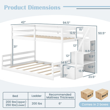 Solid Wood Twin Over Full Low Bunk Bed with Storage Stairs, White Bunk Bed Frame at Gallery Canada