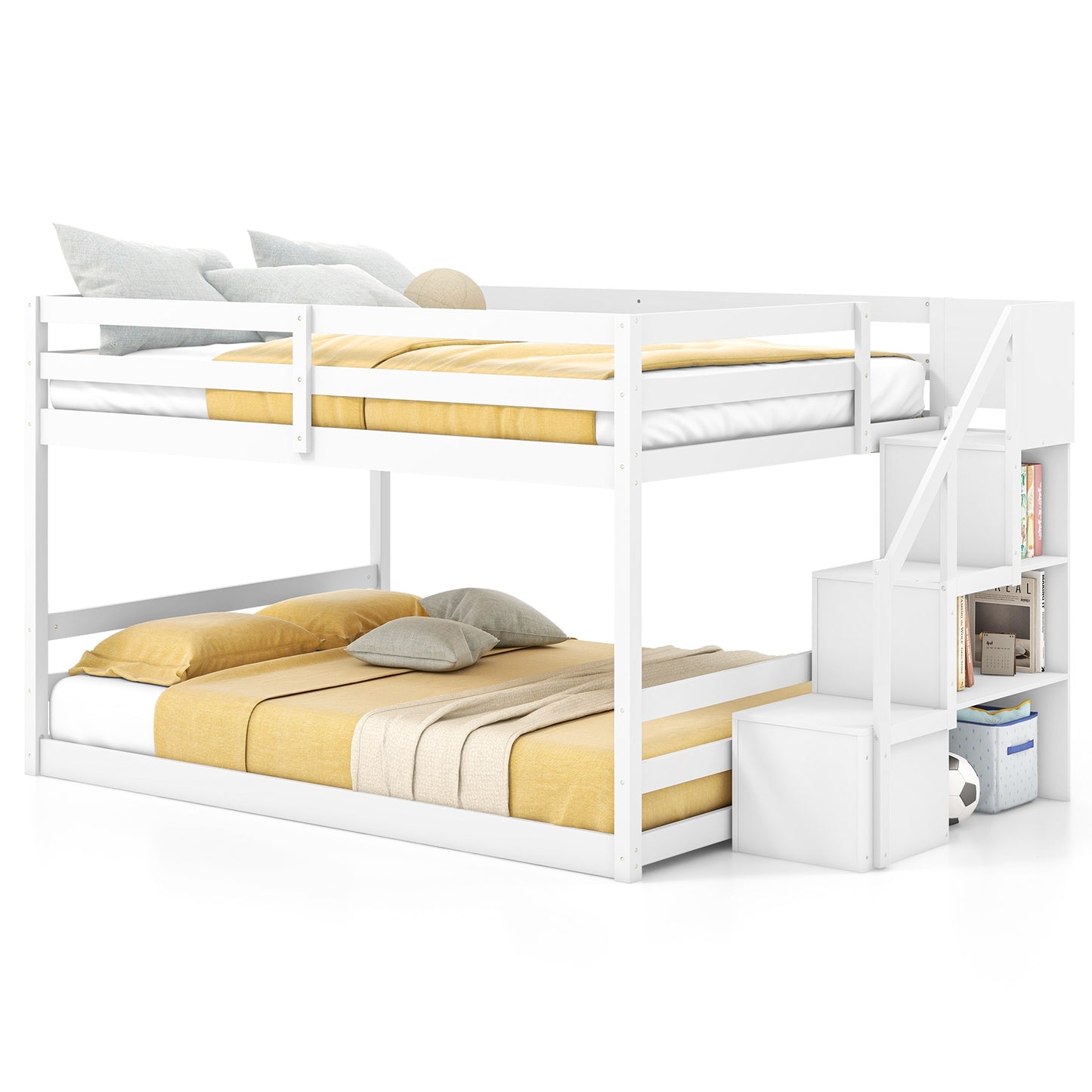 Solid Wood Full Over Full Low Bunk Bed with Storage Stairs, White Bunk Bed Frame at Gallery Canada