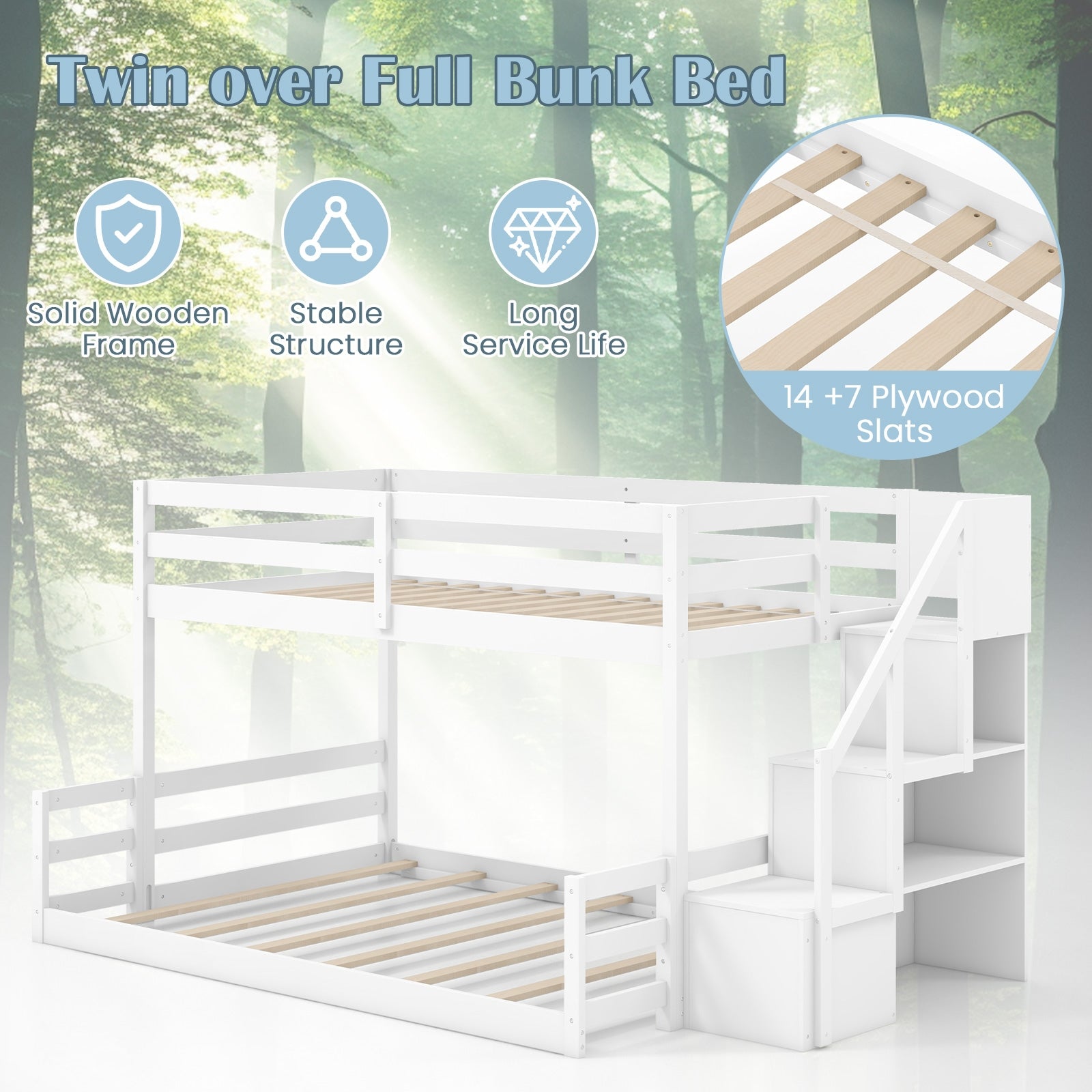 Solid Wood Twin Over Full Low Bunk Bed with Storage Stairs, White Bunk Bed Frame at Gallery Canada