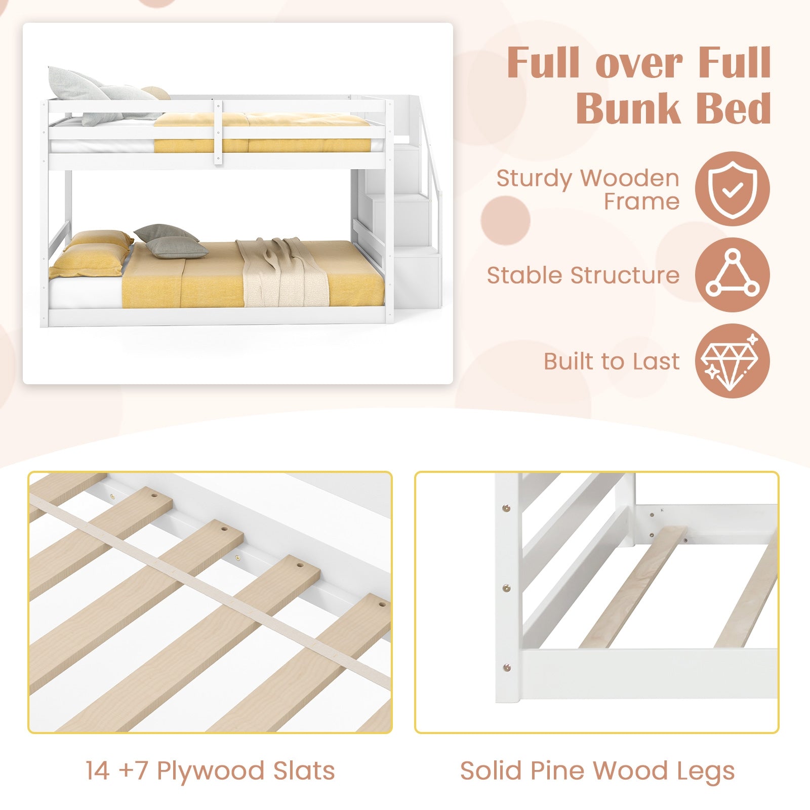 Solid Wood Full Over Full Low Bunk Bed with Storage Stairs, White Bunk Bed Frame at Gallery Canada