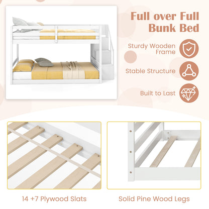 Solid Wood Full Over Full Low Bunk Bed with Storage Stairs, White Bunk Bed Frame at Gallery Canada