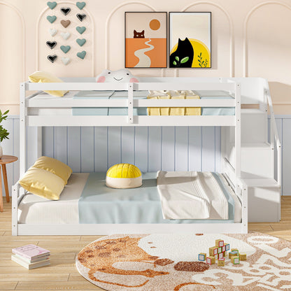 Solid Wood Twin Over Full Low Bunk Bed with Storage Stairs, White Bunk Bed Frame at Gallery Canada