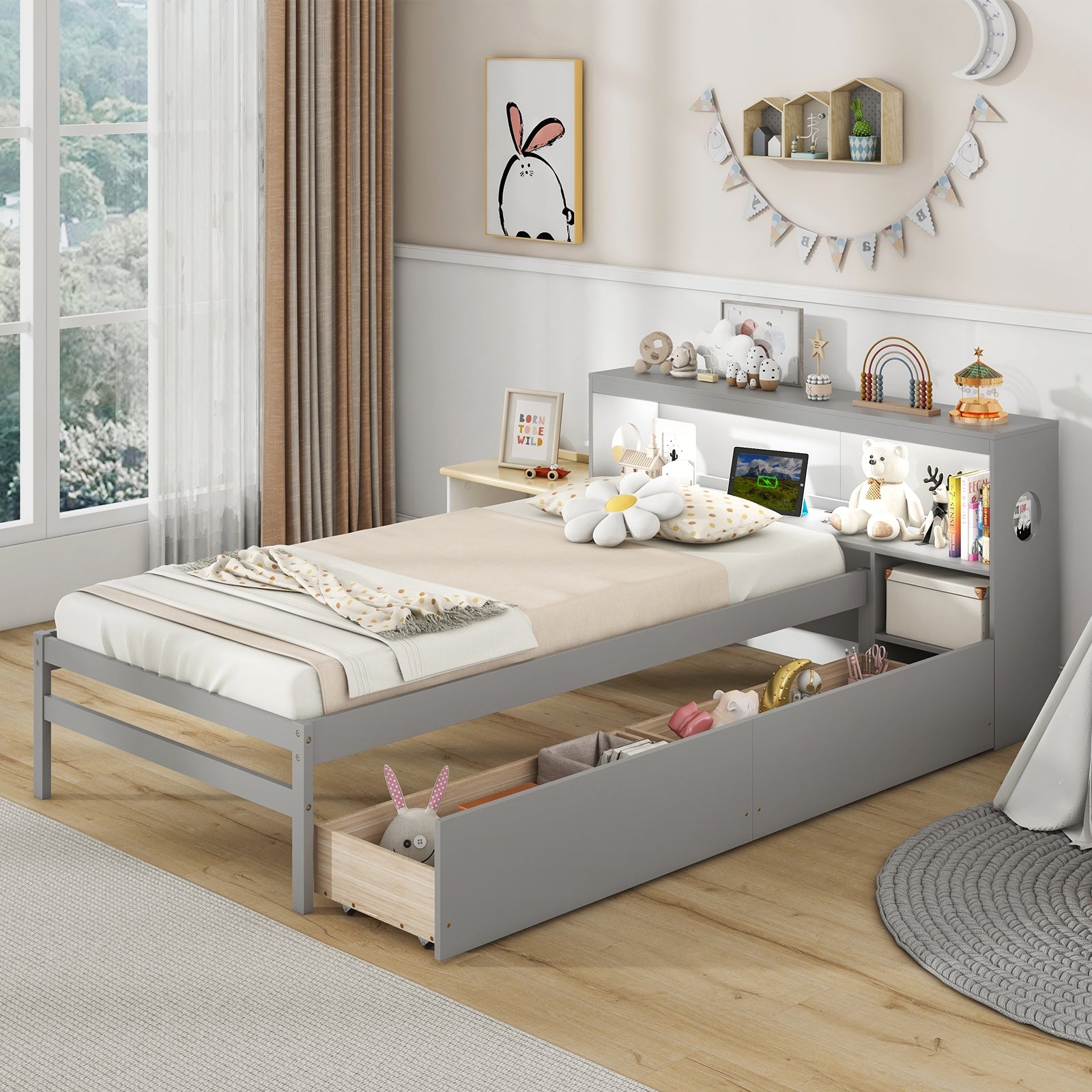 Twin Size Bed Frame with LED Light and Bookcase Headboard, Gray Trundle Bed Frame at Gallery Canada