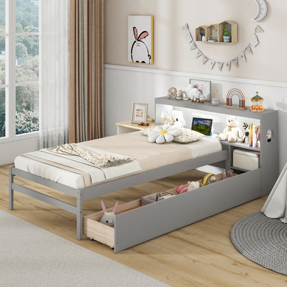 Twin Size Bed Frame with LED Light and Bookcase Headboard, Gray Trundle Bed Frame at Gallery Canada