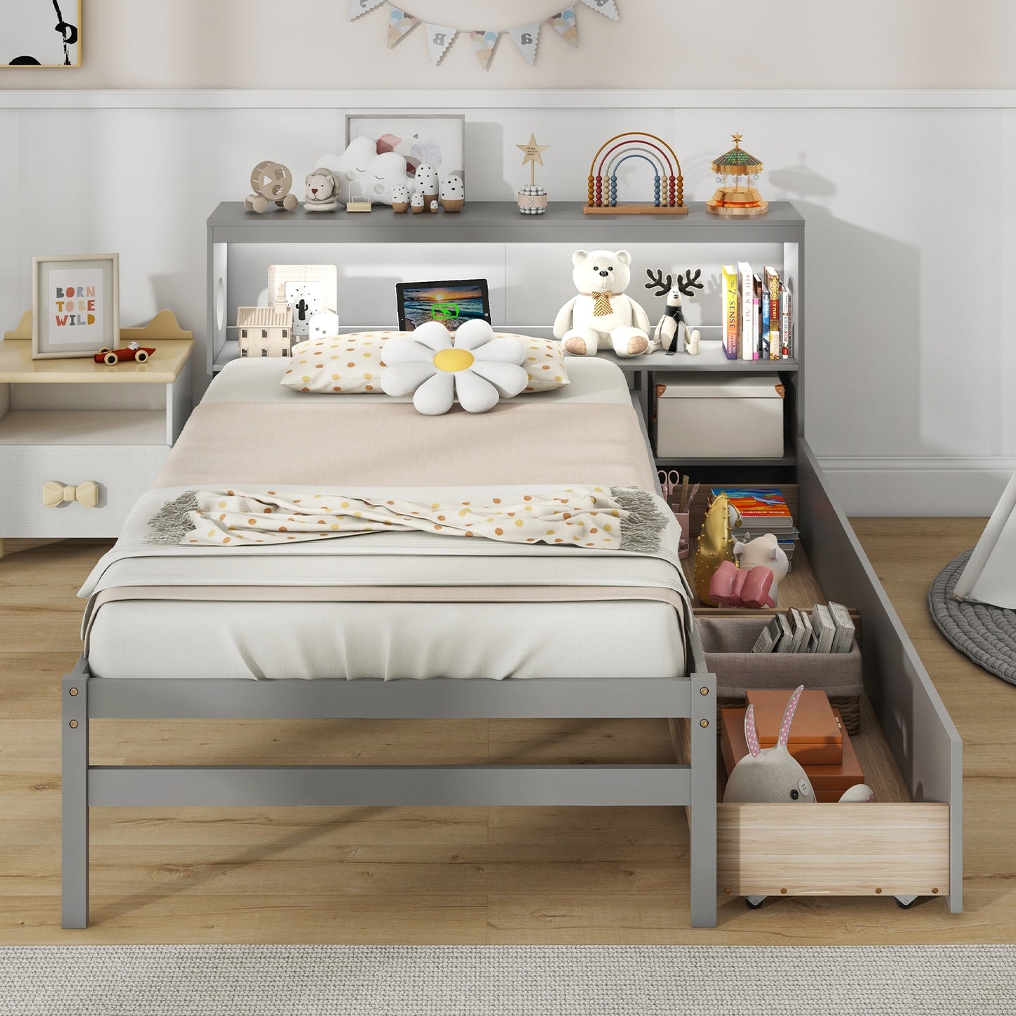 Twin Size Bed Frame with LED Light and Bookcase Headboard, Gray Trundle Bed Frame at Gallery Canada