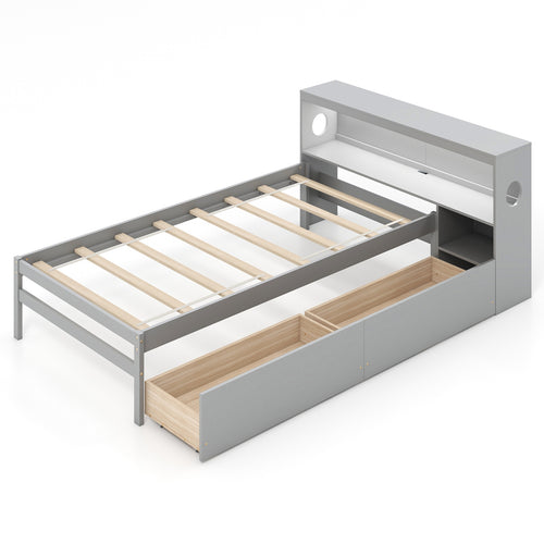 Twin Size Bed Frame With LED Light, Bookcase Headboard, Gray