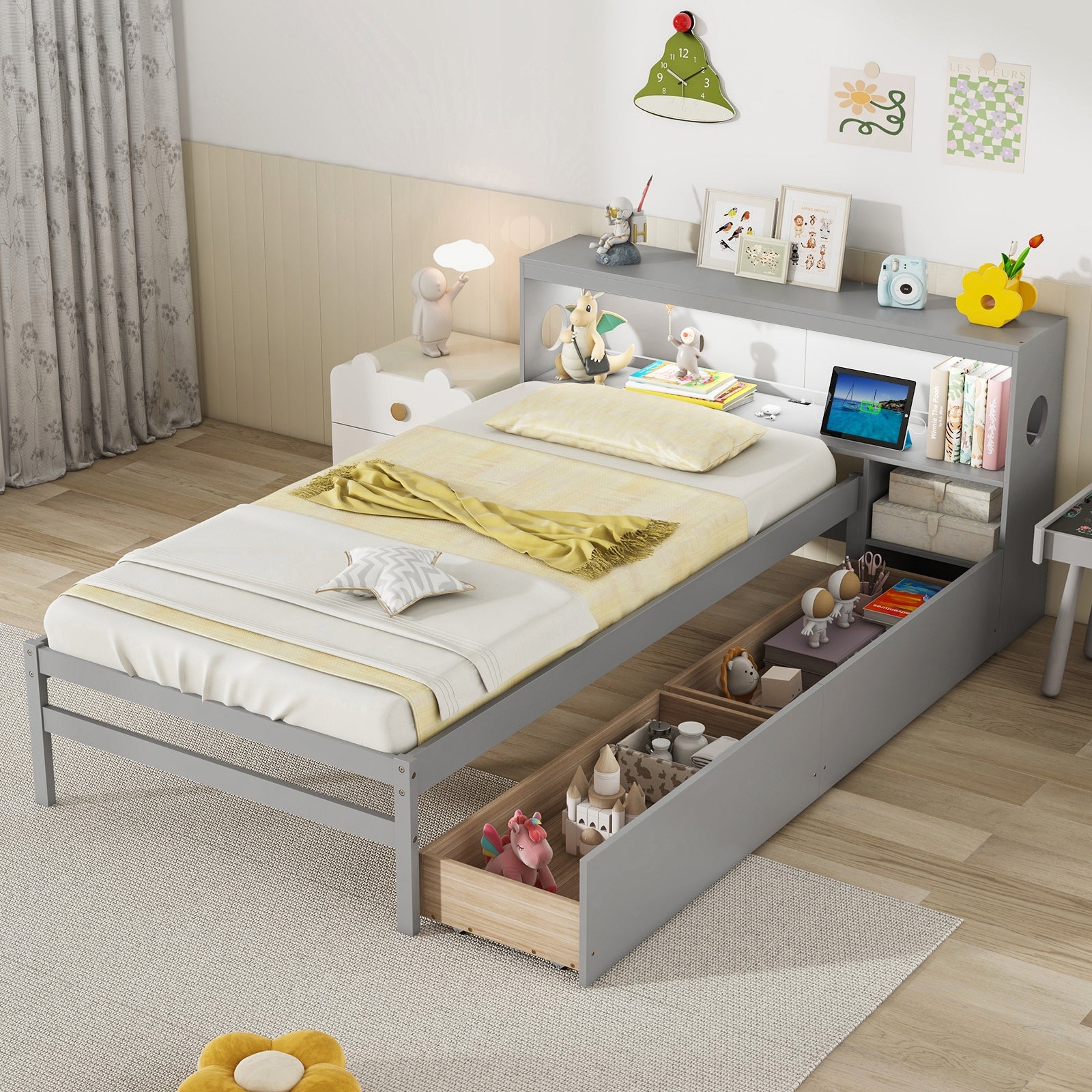 Twin Size Bed Frame with LED Light and Bookcase Headboard, Gray Trundle Bed Frame at Gallery Canada