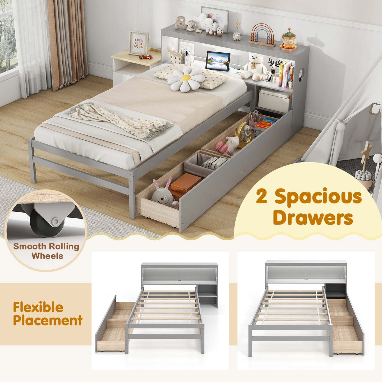 Twin Size Bed Frame with LED Light and Bookcase Headboard, Gray Trundle Bed Frame at Gallery Canada