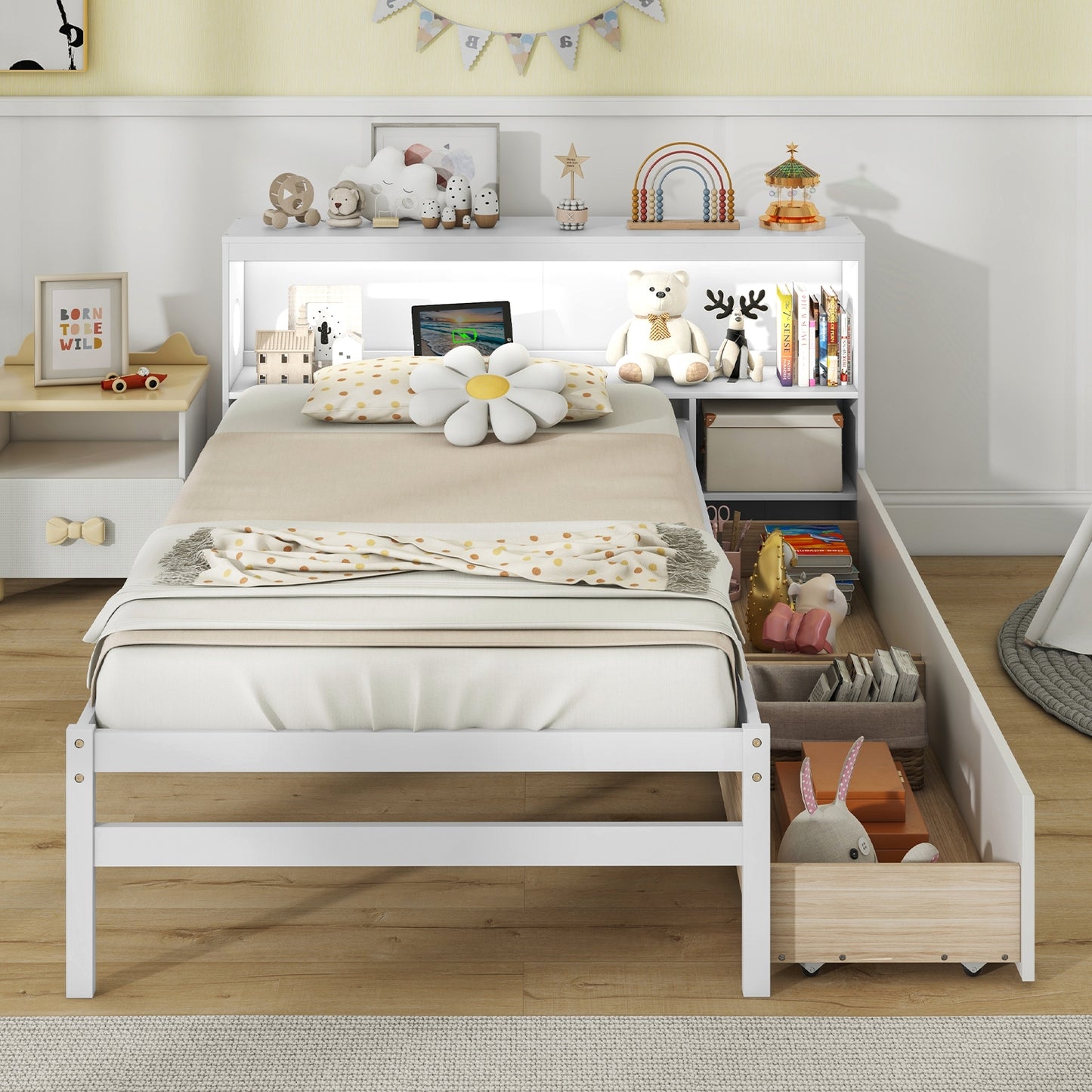 Twin Size Bed Frame with LED Light and Bookcase Headboard, White Trundle Bed Frame at Gallery Canada