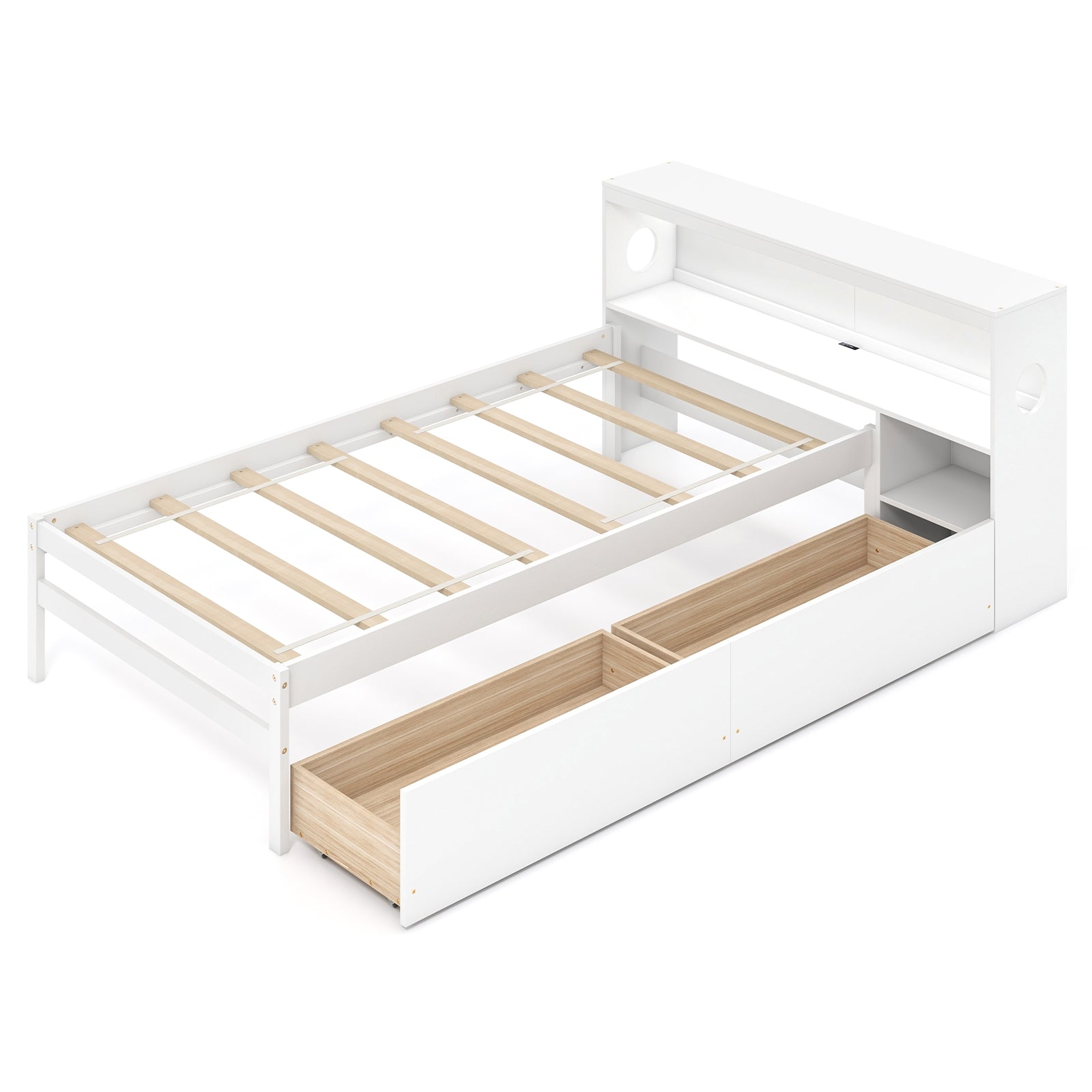 Twin Size Bed Frame With LED Light, Bookcase Headboard, White Trundle Bed Frame White at Gallery Canada